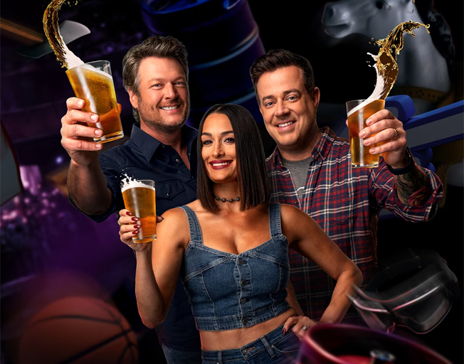 (L-R) Blake Shelton, Nikki Bella and Carson Daly on 'Barmageddon' promotional poster