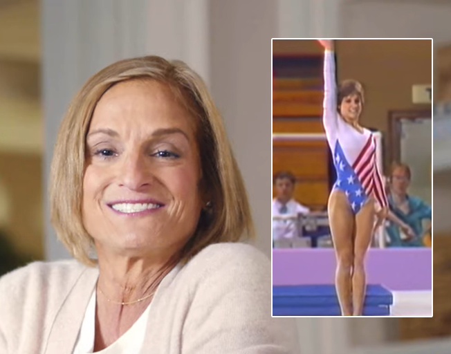 Mary Lou Retton in 2023 commercial and inset at 1984 Las Angeles Olympics