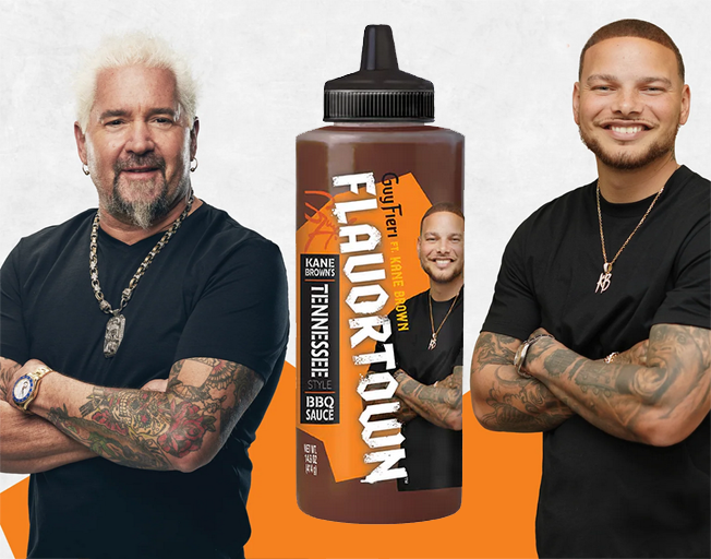 Guy Fieri Kane Brown and bottle of Kane Brown X Guy Fieri Tennessee Style BBQ Sauce