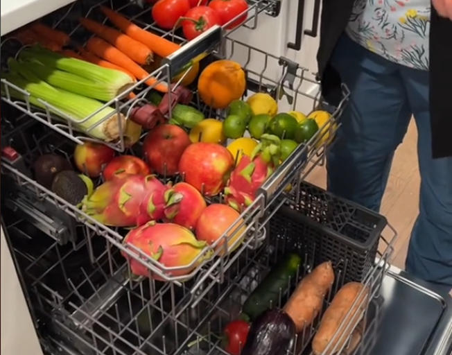 fruits and vegetables loaded in a dishwasher