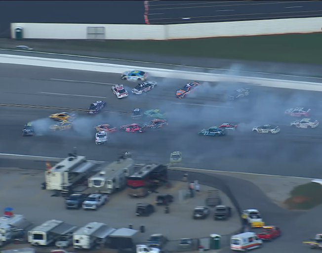 NASCAR Cup Series cars wrecking at Talladega Superspeedway in the YellaWood 500 10-6-24