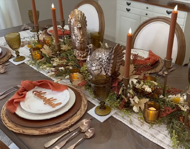 A table decorated for Thanksgiving